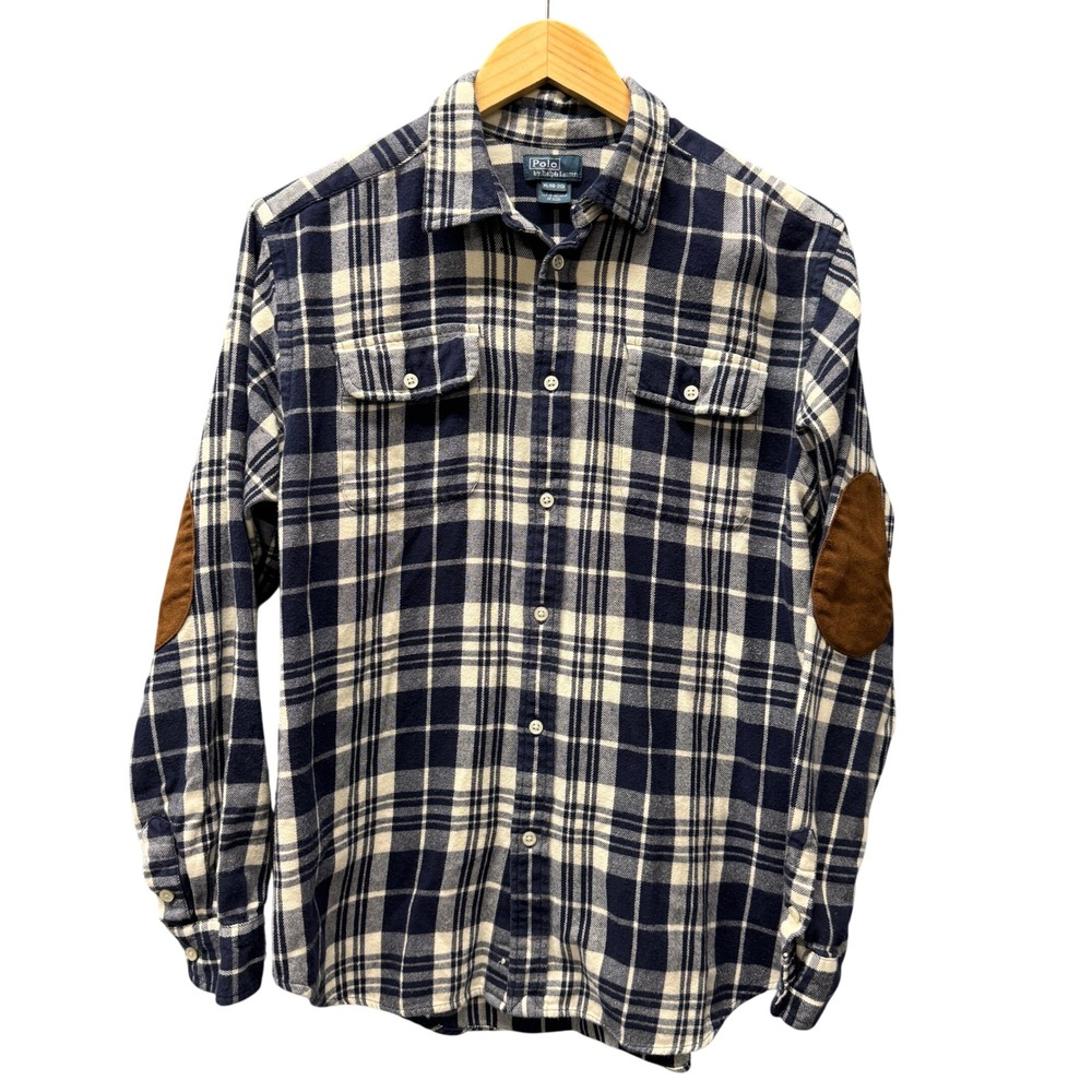 Polo Ralph Lauren Button Up Shirt Boys XL Elbow Patch Navy Plaid Flannel Cotton